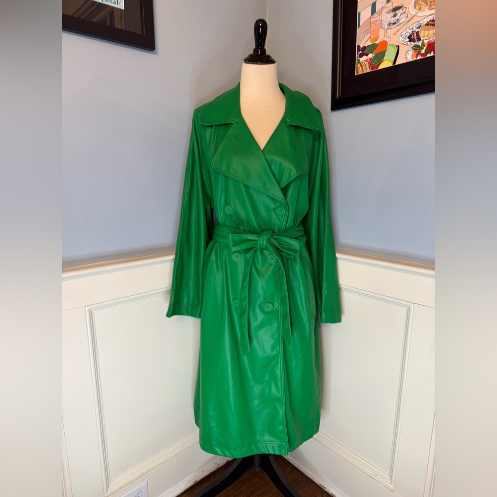 Green Vegan Leather Double Breasted Trench Coat Sz 2X